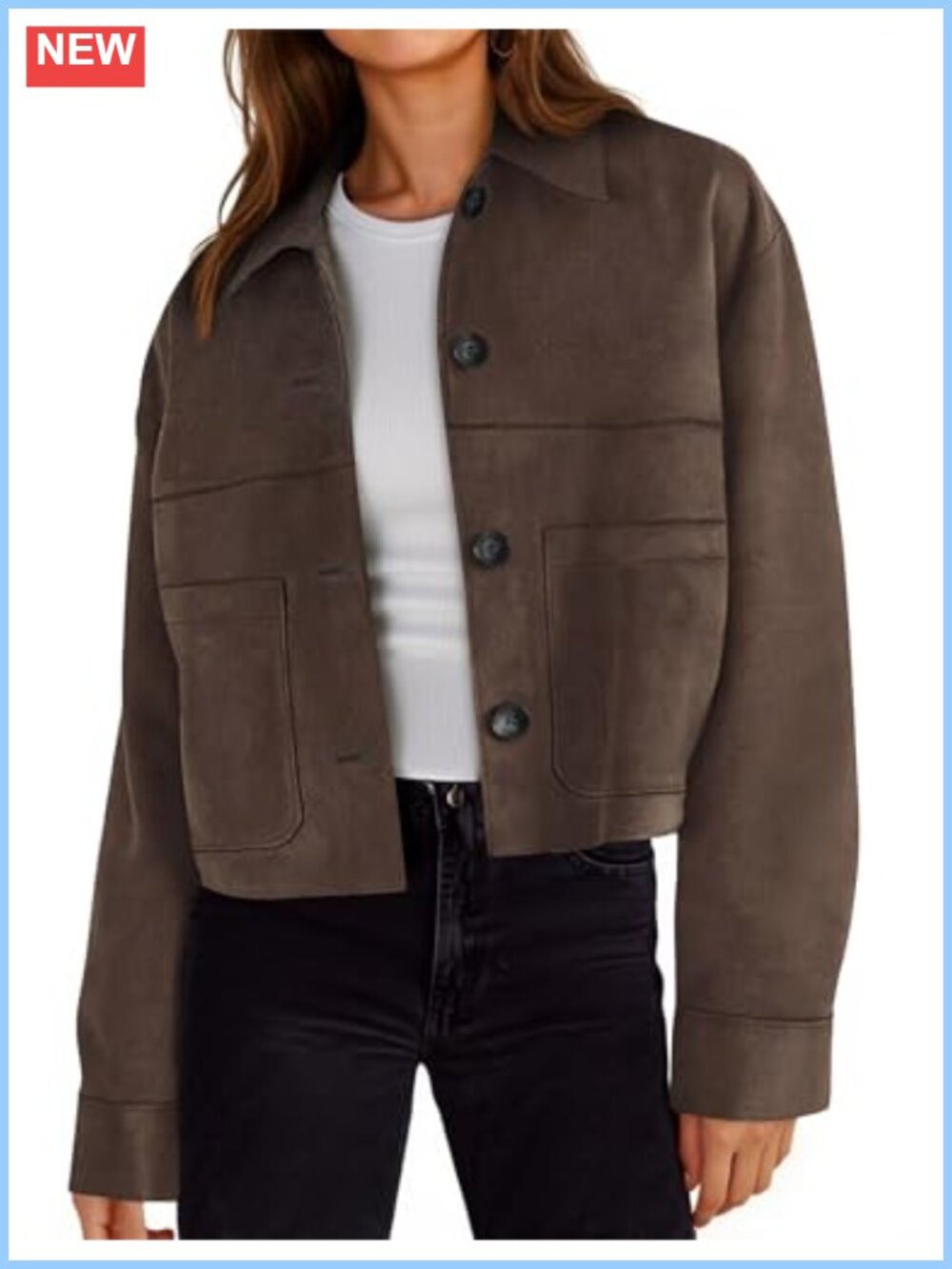 Faux Suede Cropped Jacket Lapel Collar Button Closure Utility Pockets